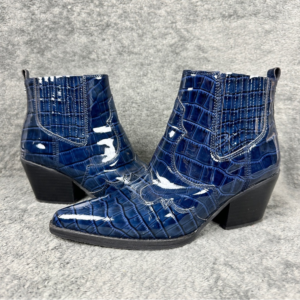 Sam Edelman Winona Western Booties Navy Blue Croc Print Slip On Women’s 6.5